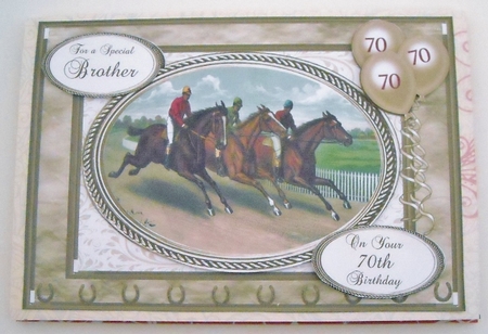 Horseracing 70th birthday card with balloons by Pam Stubley
