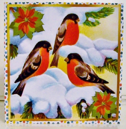 Lovely painted robins playing in the snow with poinsettias 8x8 by Pam Stubley