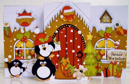 3D Up Front Card Kit -  Cute Penguins deliver an Xmas Card to the Christmas Gingerbread House by Pam Stubley