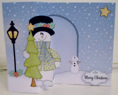 3D Shaped No-Hole Fold Back Christmas Card Mini Kit  - Snowman Rio has an Xmas Tree by Pam Stubley