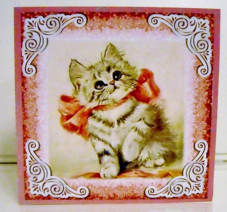 Cute vintage kitten with rose bow 8x8 with pyramids  by Pam Stubley