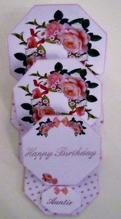 Pink floral octagonal triple easel card with matching envelope. by Pam Stubley