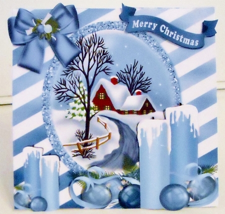pretty blue candles with bow and cottage with snow 8x8 by Pam Stubley