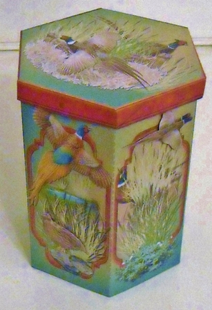 HANDSOME TALL HEXAGONAL DECOUPAGE BOX - PHEASANTS MEN MALE by Pam Stubley