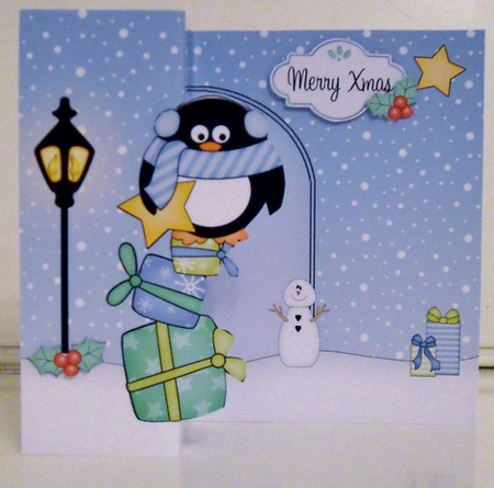 3D Shaped No-Hole Fold Back Christmas Card Mini Kit  - Pip Penguin has a Star & Presents by Pam Stubley