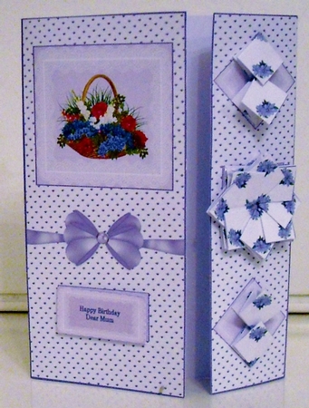 Beautiful lilac 7 x 5 in flower basket card with tea bag folded medallion and matching envelope. by Pam Stubley