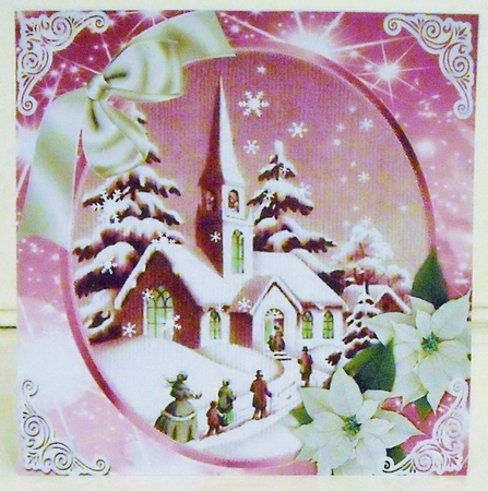 Lovely snow scene of a church with silver/pink poinsettias 8x8 by Pam Stubley