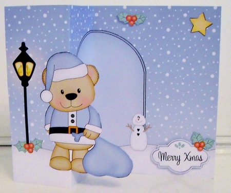 3D Shaped No-Hole Fold Back Christmas Card Mini Kit  - Livvy Bear has a Sack of Xmas Presents by Pam Stubley