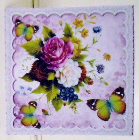 pretty flower arrangement with purple rose & butterflies on lace 8x8 by Pam Stubley