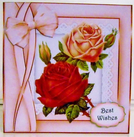 pretty vintage peach roses on lace in ornate frame 8x8 by Pam Stubley