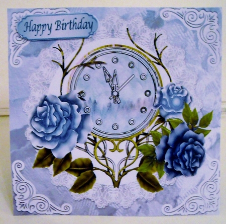 Nearly Midnight! with vintage clock & blue roses with lace 8x8 by Pam Stubley