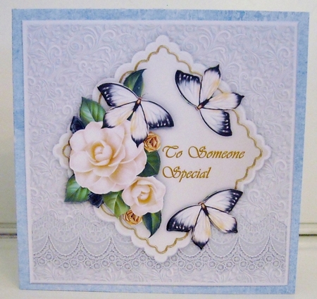 Camelia & Butterflies on lace topper by Pam Stubley