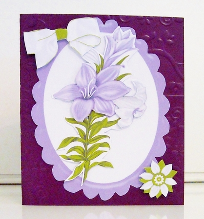 pretty lilac lilies in scalloped frame with bow A5 by Pam Stubley