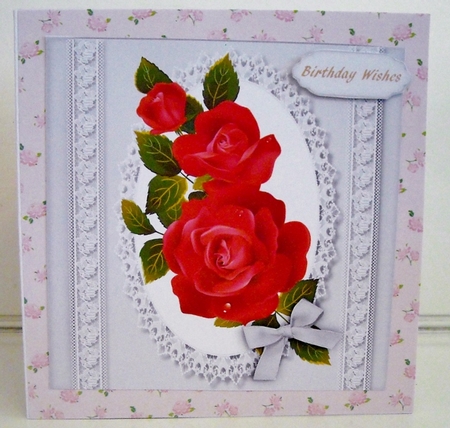 Beautiful red  Roses on Silver Lace  by Pam Stubley