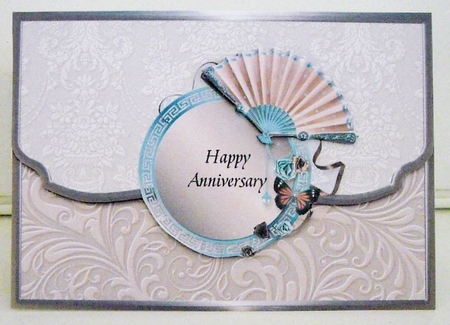 Fan And Butterflies Scalloped Edge Faux Envelope Card Anniversary Pink by Pam Stubley