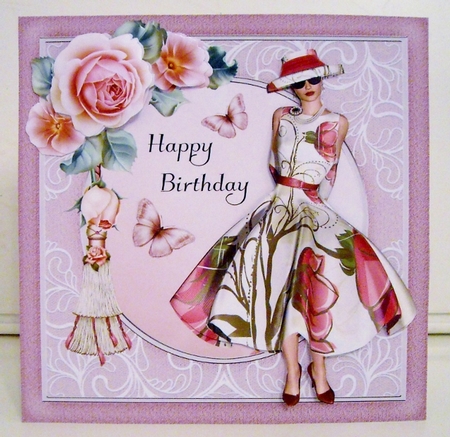 1950s Lady With Pink Roses Butterflies & Tassel by Pam Stubley