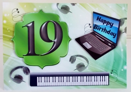 Age 19 card with keyboard, headphones, laptop - green by Pam Stubley