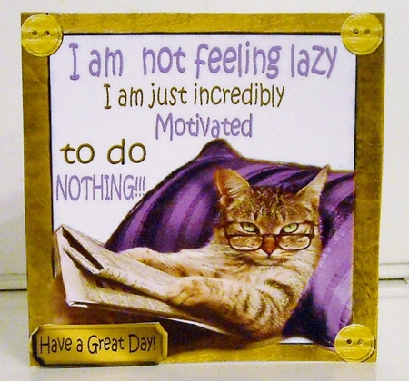 Lazy kitty in armchair not motivated 8x8 (purple) by Pam Stubley