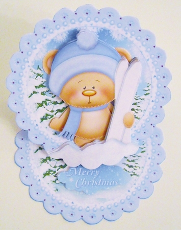 Cute Little Skiing Bear Scalloped Round Easel Card  by Pam Stubley