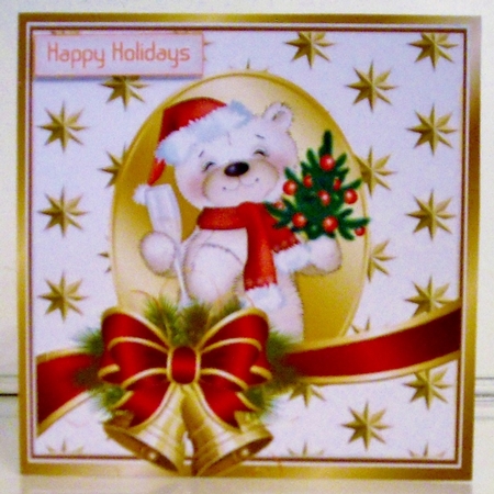 teddy with bow and bell and gold stars 8x8 by Pam Stubley