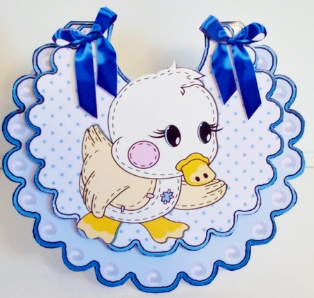 Cute stitched duck on a flip top bib with pearls and blue bows by Pam Stubley