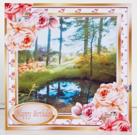 Pretty woodland with pond and peach/pink roses 8x8 by Pam Stubley