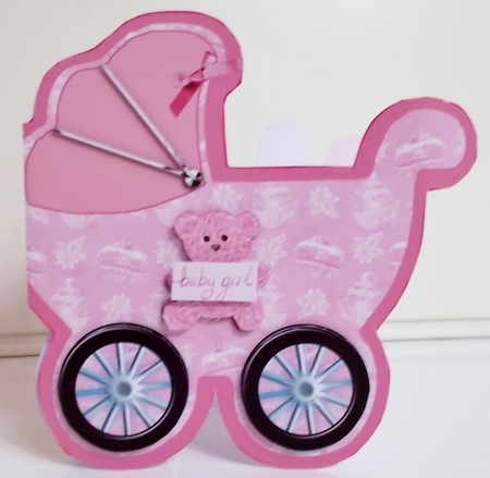 Baby Girl pram shaped card by Pam Stubley