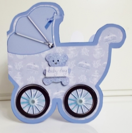 Baby Boy Pram shaped card by Pam Stubley