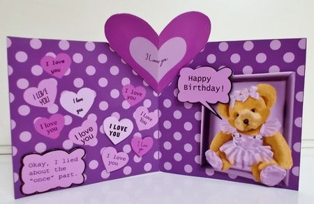 Pop out Heart Teddy Bear Purple by Pam Stubley