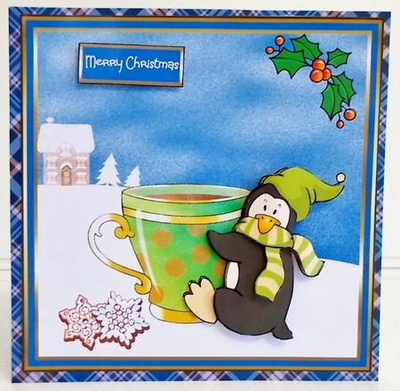 Penguin hangs on to his hot chocolate by Pam Stubley