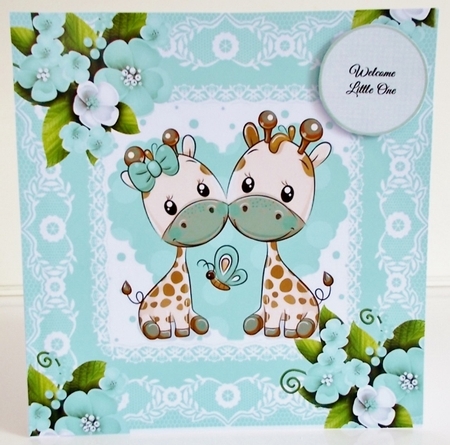Cute pair of giraffes in lace frame with turq roses 8x8 by Pam Stubley