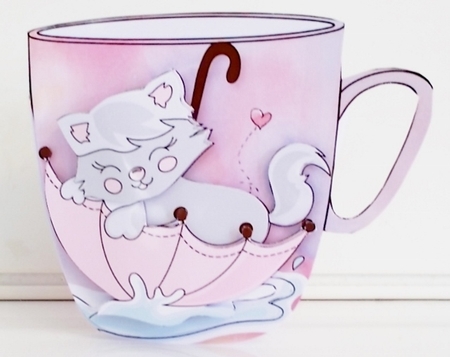 Splashing Fun Kitten on a Pink Cup Shaped Card by Pam Stubley