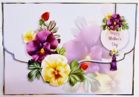Sorbet Pansies Scalloped Edge Faux Envelope Card Mothers day by Pam Stubley