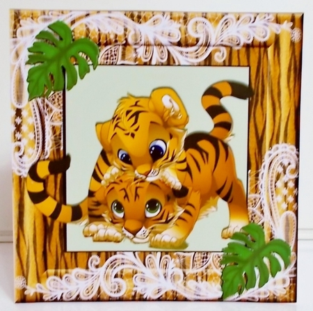 Cute Pair of Baby Tigers playing in ornate frame with palm leaves 8x8 by Pam Stubley
