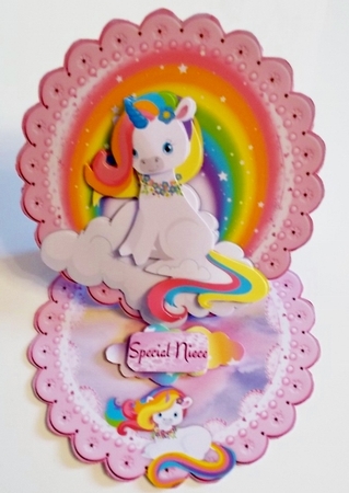 Rainbow Unicorn Scalloped Round Easel Card by Pam Stubley