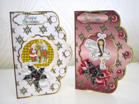 Christmas Golden Stars Scallop Card Bases in Pink and White by Pam Stubley
