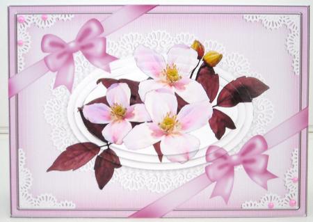 A5 Clematis Spray on Lace Oval Pyramage Topper by Pam Stubley