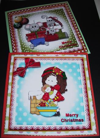 Two Christmas Card Fronts with Decoupage Girl and Mice by Pam Stubley