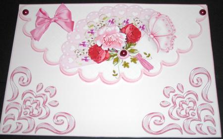 Pretty Fan with Roses and Butterfly on Scalloped Envelope by Pam Stubley
