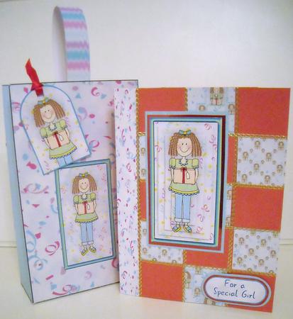 Blue Doodle Girl 3D Card, Insert & Gift Bag Kit by Pam Stubley