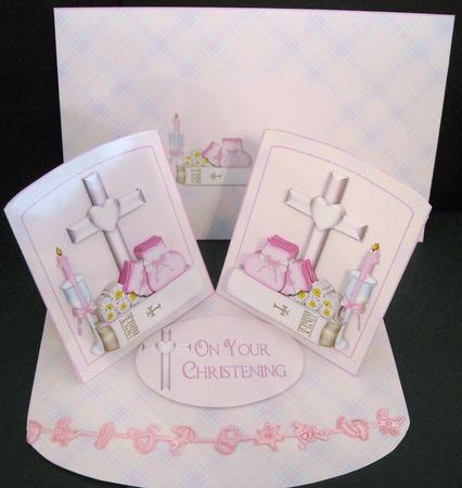 Pink Bible & Bootees Double Twist Easel Card with Decoupage by Pam Stubley