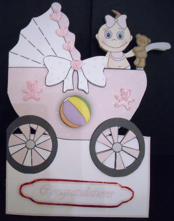 New Baby Girl Congratulations Pram Shaped Card by Pam Stubley