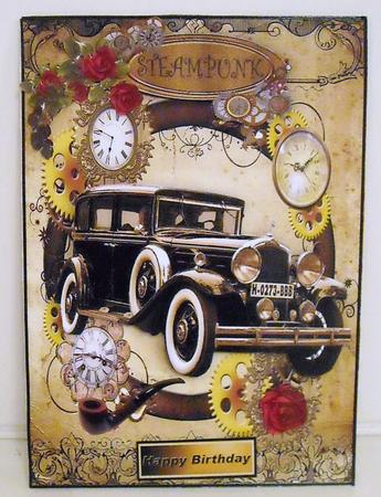 Vintage Car with Red Roses in Steam Punk Frame by Pam Stubley