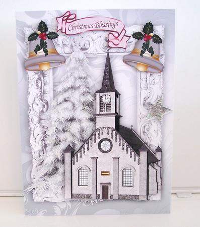 Church in the Snow with Christmas Bells and Stars by Pam Stubley