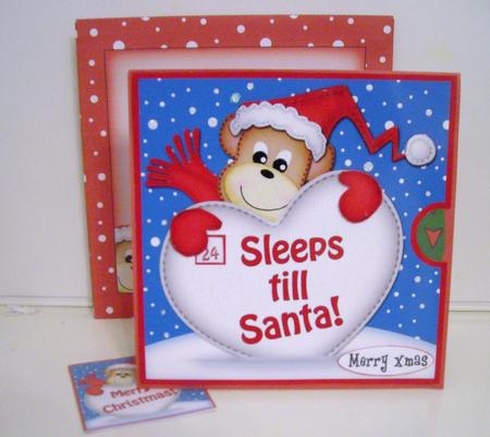 3D Xmas Monkey Sleeps Till Santa Countdown Moveable Card by Pam Stubley