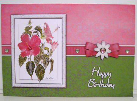 Hibiscus Watercolour Pyramage Card - Warm Pink & Grass Green by Pam Stubley