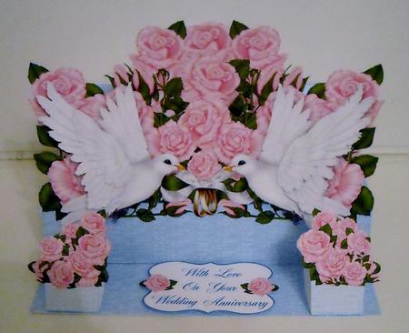 White Doves Pink Roses 3D Pop Up Wedding or Anniversary Card by Pam Stubley