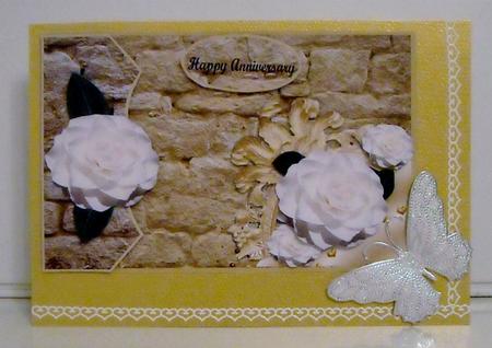 3D White Camelias on a Stone Wall with Gold by Pam Stubley