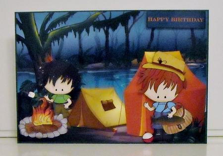 Boy Campers Card Front with Decoupage and Sentiment Tags by Pam Stubley
