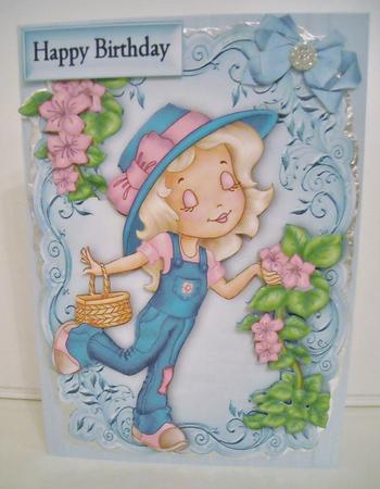 Little Girl with Pretty Pink Flowers and Bow by Pam Stubley